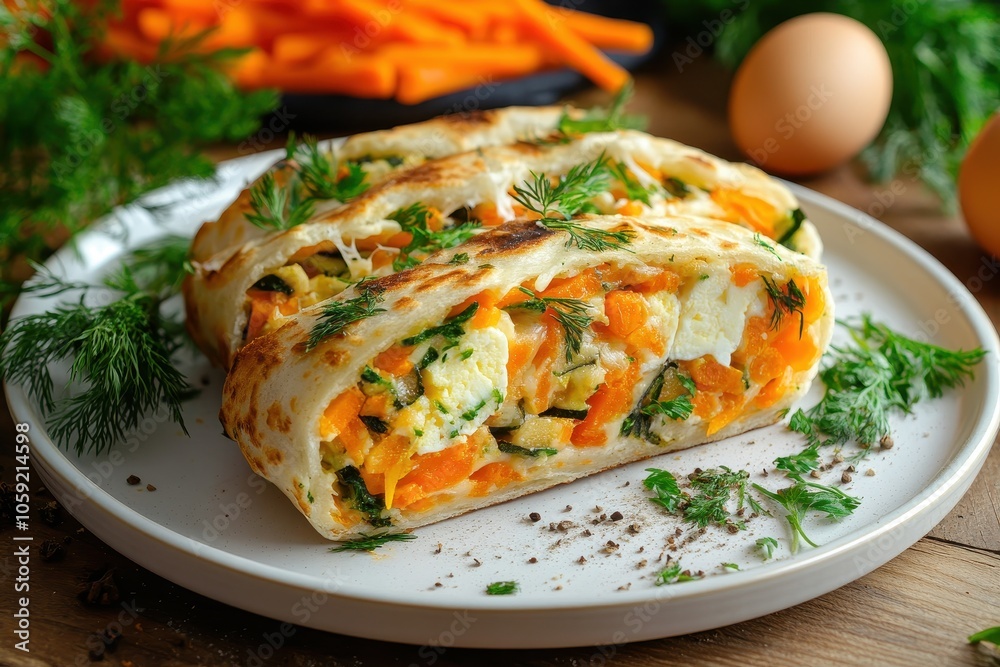 Cheese egg and carrot filled veggie pita on a white plate Healthy quick holiday snack Vegan option Cheese egg and carrot filled veggie pita on a white plate Healthy quick holiday snack Vegan option