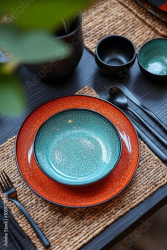 Stylish table setting with colorful plates and floral arrangement for a dinin...