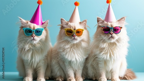 Three White Cats Wearing Party Hats and Sunglasses on a Blue Background