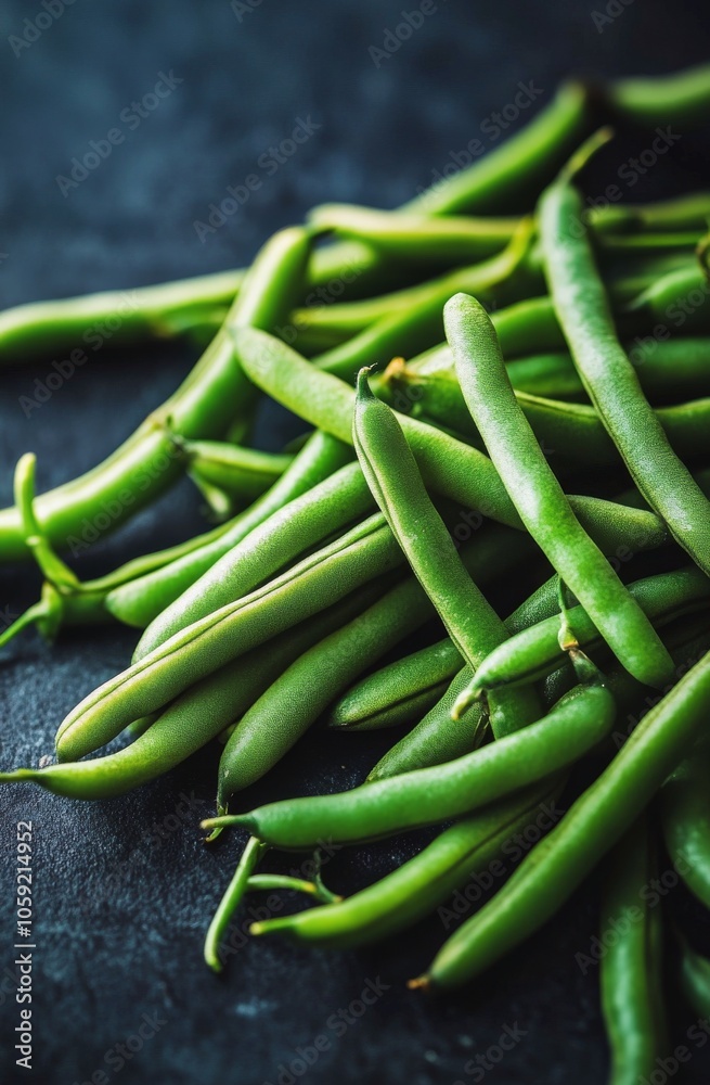 Freshly harvested green beans on a dark surface, perfect for cooking and healthy meals Freshly harvested green beans on a dark surface, perfect for cooking and healthy meals