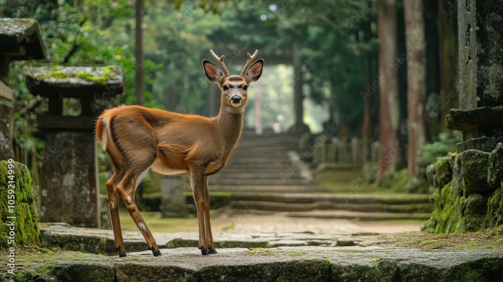 A wild deer standing calmly in the mystical Nara Park, with ancient temples and forested paths in A wild deer standing calmly in the mystical Nara Park, with ancient temples and forested paths in