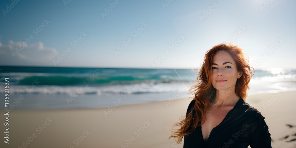 Red-haired woman smiling softly on a sunny beach day with space for hero text Red-haired woman smiling softly on a sunny beach day with space for hero text