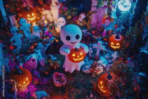 A high angle shot of a friendly ghost holding a pumpkin, surrounded by playful bats and smiling jack-o'-lanterns, set in a whimsical nighttime graveyard, with a full moon casting a soft glow