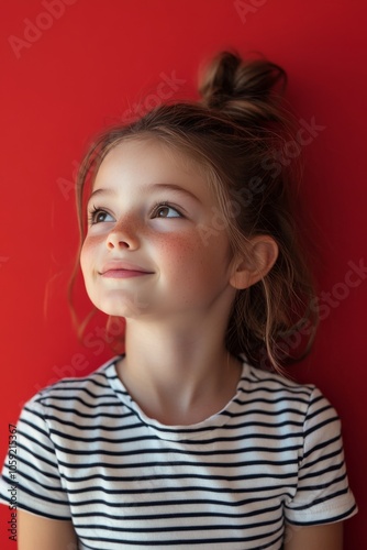 Young girl in striped shirt standing against a bright red wall, smiling warmly