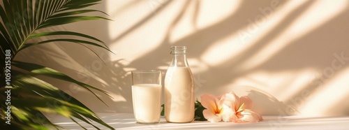 Natural light illuminating a bottle and glass of milk with delicate flowers n...