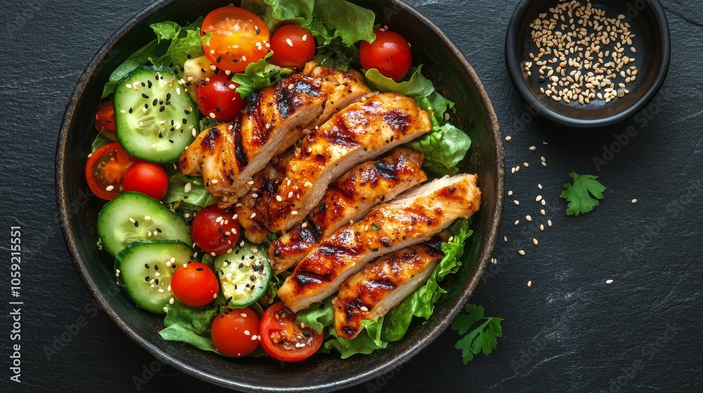 Grilled chicken salad with cherry tomatoes and cucumbers served in a black bowl Grilled chicken salad with cherry tomatoes and cucumbers served in a black bowl