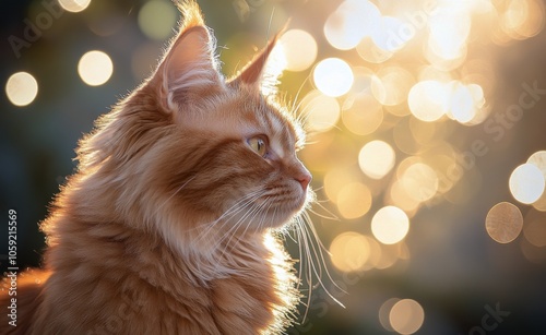A majestic orange cat sitting gracefully in soft, illuminated surroundings du...