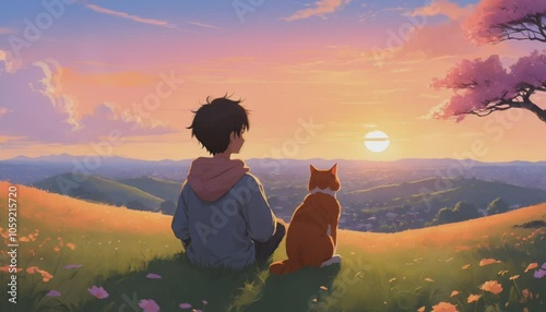 Silhouetted figure boy and cat companion peacefully watching colorful sunset over rolling hills landscape in dreamy artistic style, relaxing lofi loop animated background