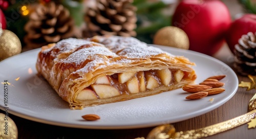 Delicious apple strudel served on a festive plate with holiday decorations in...