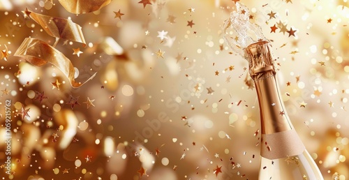 Champagne Bottle Surrounded by Golden Glitter and Ribbons