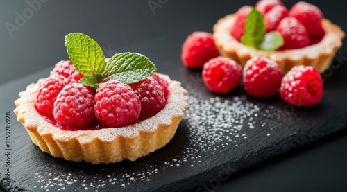 Delicious raspberry tartlets garnished with fresh mint and powdered sugar on ...