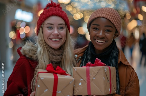 Two Friends Exchange Christmas Gifts in a Mall