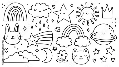 A set of cute childrens doodles - rainbow, stars, clouds, sun, animals and other. Vector hand-drawn illustration. Perfect for decorations, print, various designs.