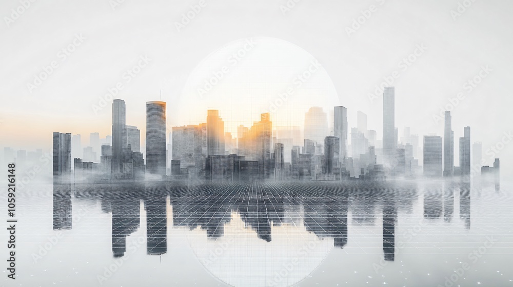 Fototapeta premium Bright Urban Dreamscape: CBD Skyline with E-Commerce and Automotive Advertising under a Radiant Sun