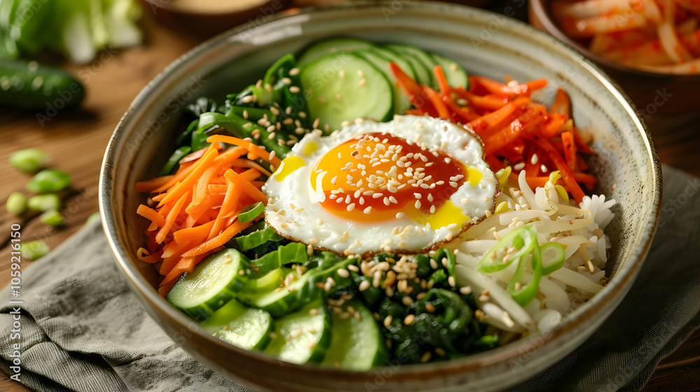 Close-up of vibrant bibimbap with fried egg and colorful vegetables in traditional Korean setting Close-up of vibrant bibimbap with fried egg and colorful vegetables in traditional Korean setting