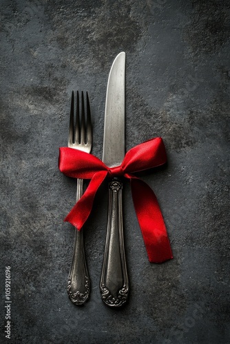 Cutlery with a red ribbon on a textured surface for a special occasion setting