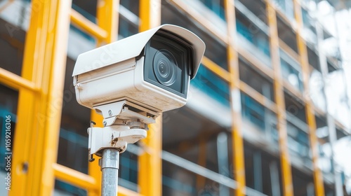 A security camera is mounted on a pole, focused on a construction site with a modern building framework in the background. photo