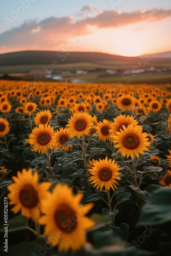 Sunflowers blooming at sunset in a hillside field
