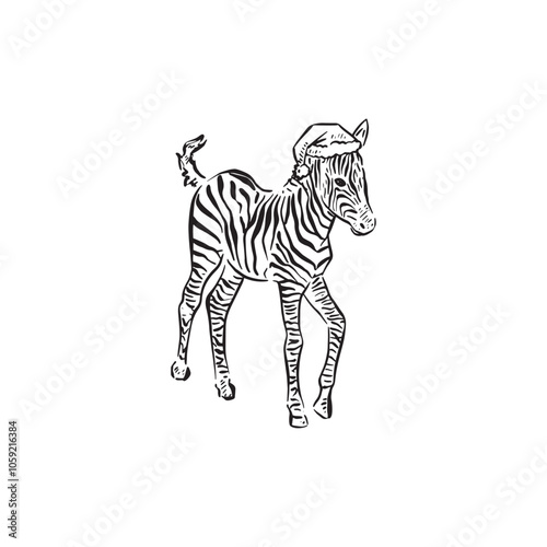 A baby zebra wearing a Christmas hat. Standing zebra drawn by hand in black and white. Festive Savanna animal.