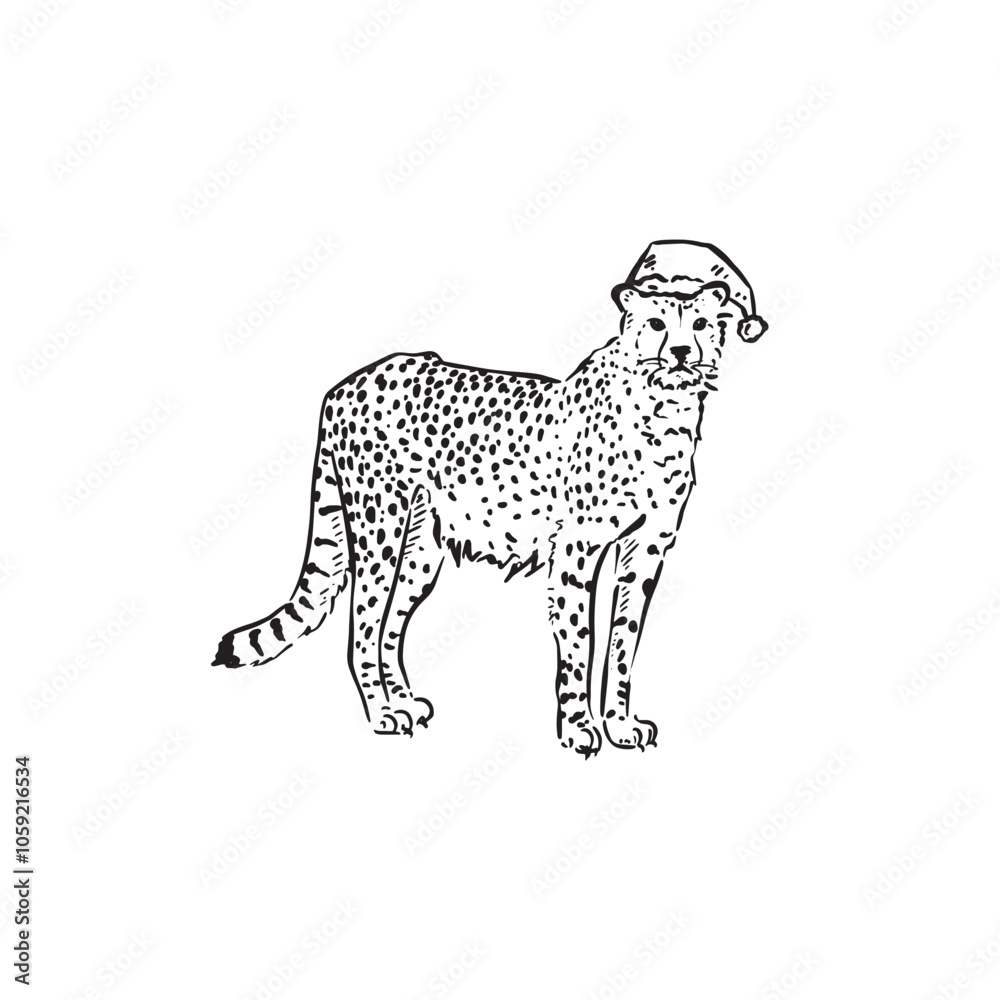 Fototapeta premium A leopard wearing a Christmas hat. Hand drawn in black and white sketch style.