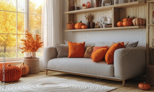 Cozy autumn living room with pumpkins and warm decorations in a sunny atmosphere