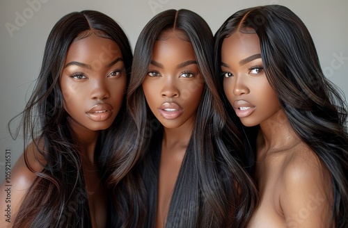 Three Black Women With Long, Straight, Black Hair Pose Together