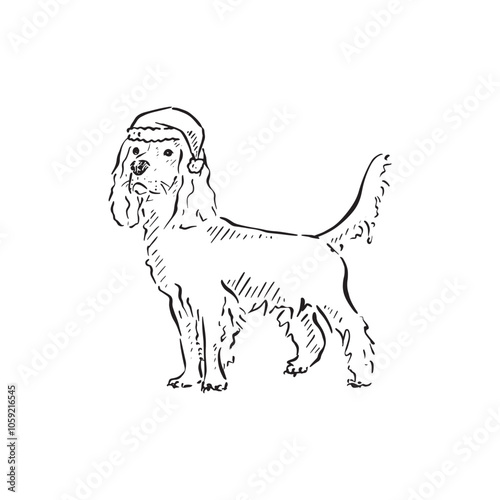 A cute dog wearing a Christmas hat. Hand drawn in black and white sketch style. 