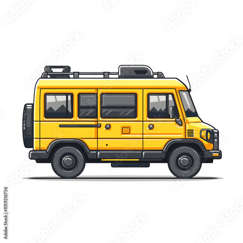 Yellow van with a roof rack and a black top. The van is parked on a white background