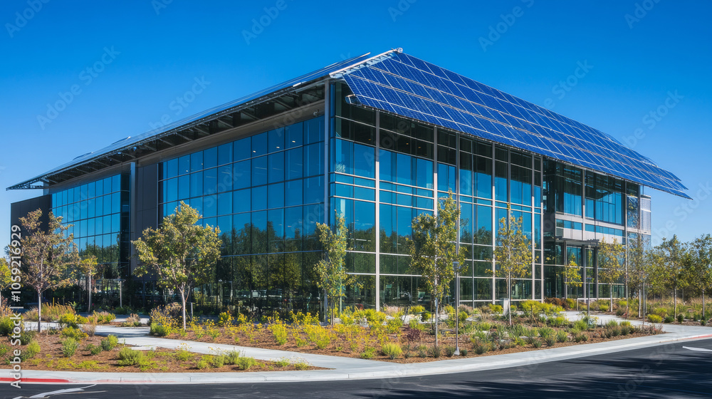 A picture shows an office building with solar panels on the roof. Money is falling from the sky, suggesting the building is saving money with solar energy. A picture shows an office building with solar panels on the roof. Money is falling from the sky, suggesting the building is saving money with solar energy.