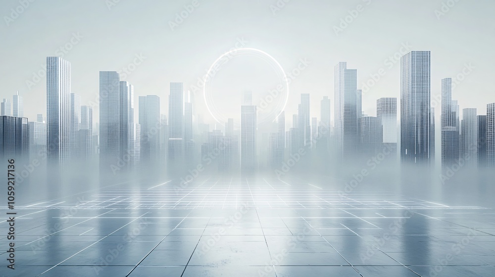 Fototapeta premium Bright Urban Dreamscape: CBD Skyline with E-Commerce and Automotive Advertising under a Radiant Sun