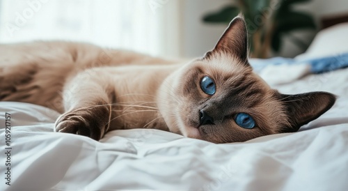 A relaxed Siamese cat lounging on a cozy bed in a serene bedroom setting in t...