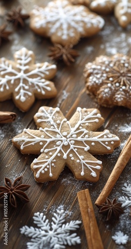 Homemade snowflake-shaped cookies decorated with icing on a wooden surface wi...
