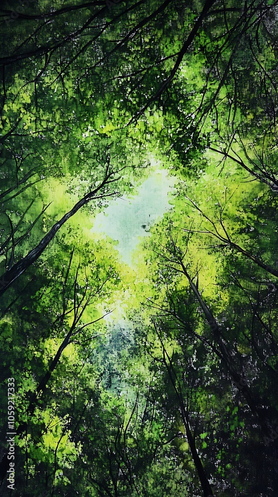 Fototapeta premium A Watercolor Painting of a View Up Through a Dense Forest Canopy