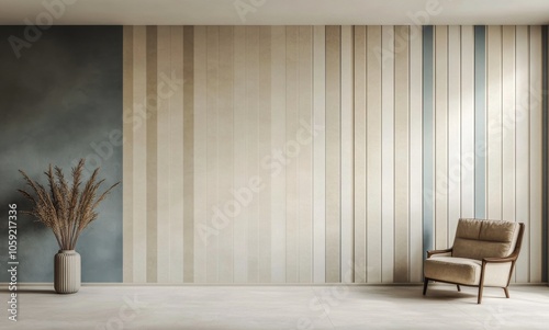 Elegant striped walls with a stylish chair in a modern living space at bright...