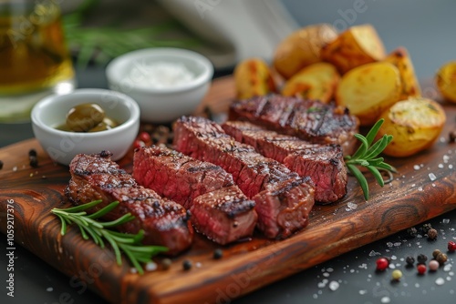 Sliced Grilled Steak With Roasted Potato Wedges and Seasoning