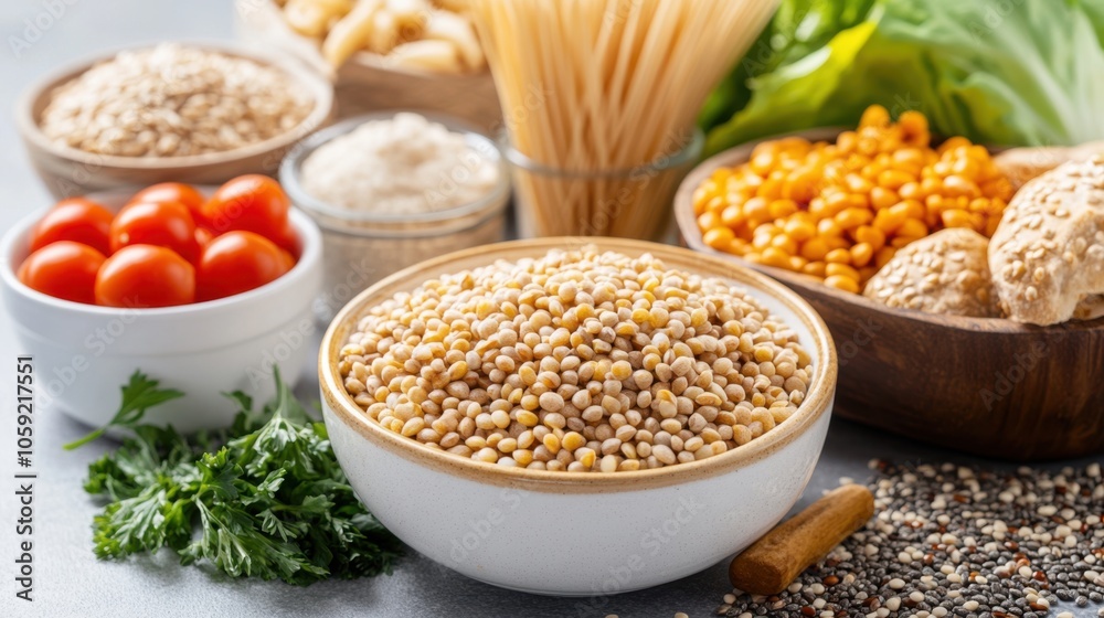 An infographic showing the recommended daily fiber intake with a selection of fiber-rich foods in An infographic showing the recommended daily fiber intake with a selection of fiber-rich foods in