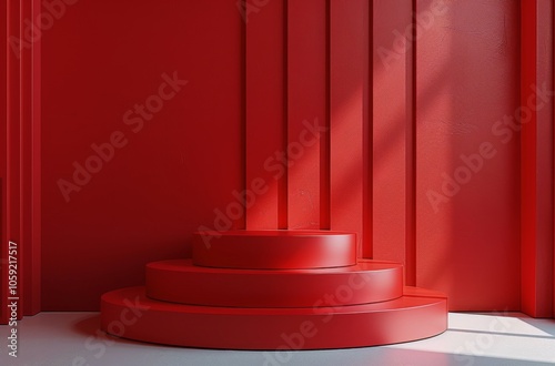 Red Stage With Circular Platform and Draped Curtains