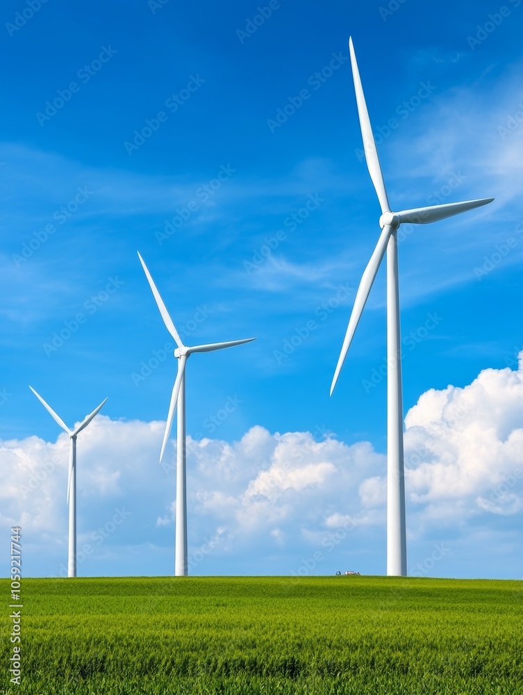 Three wind turbines stand tall in a field, harnessing the power of the wind to generate clean energy. The blue sky and white clouds symbolize a bright future for renewable resources, while the green f Three wind turbines stand tall in a field, harnessing the power of the wind to generate clean energy. The blue sky and white clouds symbolize a bright future for renewable resources, while the green f