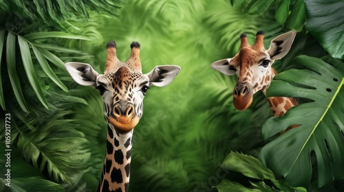 Two giraffes peek through the dense foliage of a tropical rainforest, their curious expressions inviting viewers into their world. Lush greenery, dappled sunlight, and the majestic giraffes create a s photo