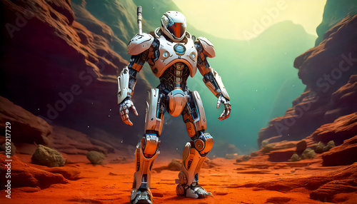 Astronaut, alien, robot in armored spacesuit in action underwater on water planet. Starship troopers, star wars, space exploration, space science. Explosion, unfriendly planet, space war