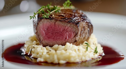 Juicy steak with creamy risotto garnished with fresh herbs on a fine dining p...