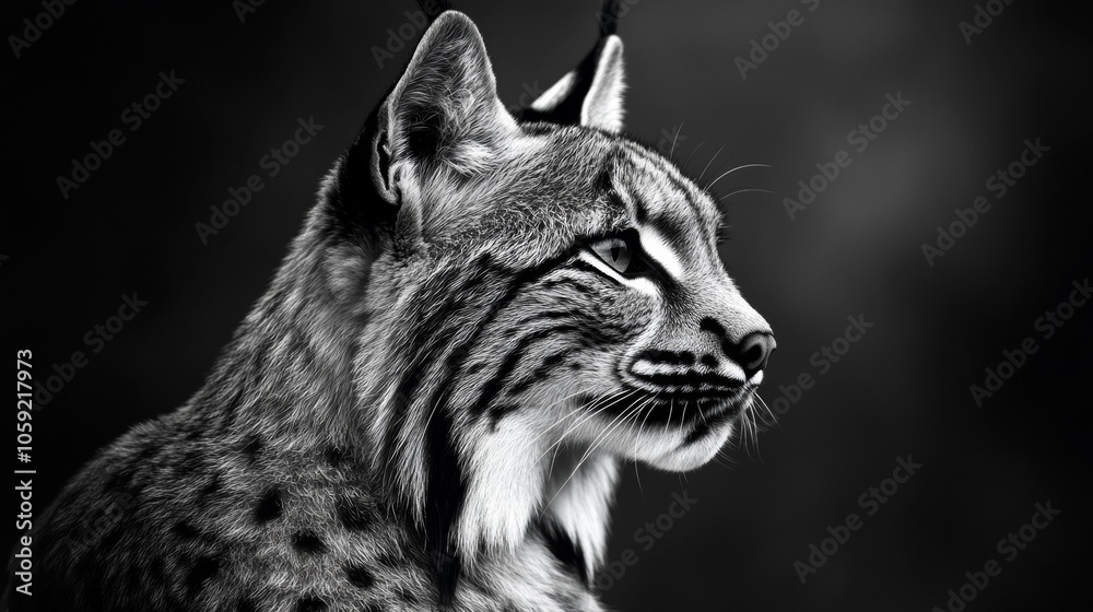 Fototapeta premium A European lynx, a wild cat with a spotted coat, shown in black and white.