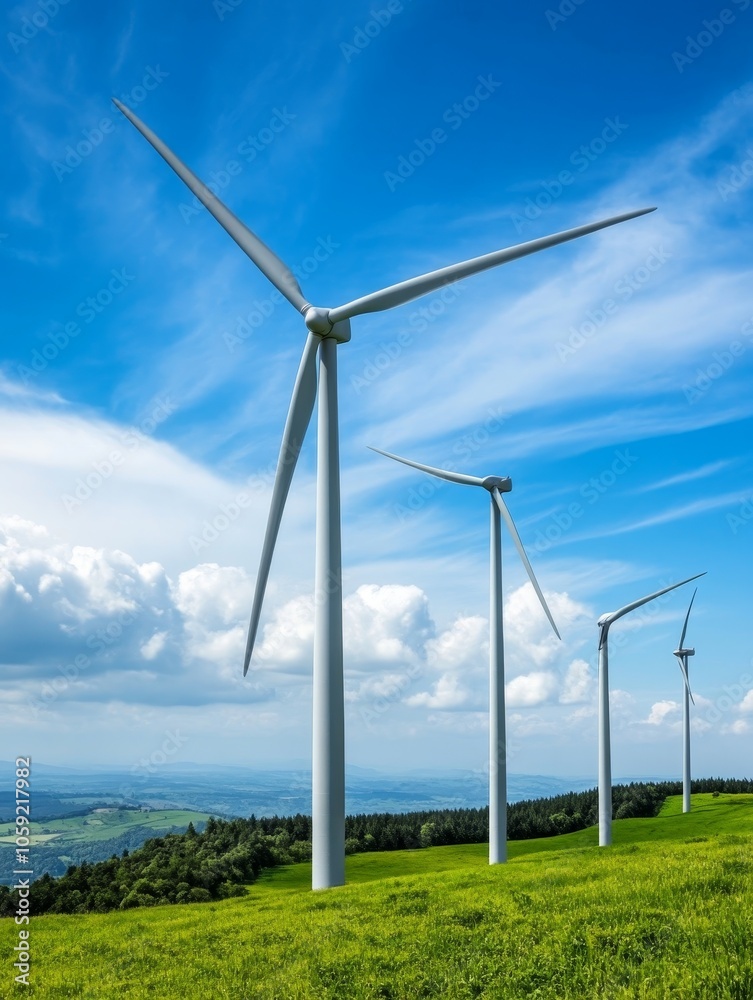 Fototapeta premium Wind turbines stand tall against a backdrop of blue sky and rolling green hills, symbolizing the power of renewable energy, sustainability, and a bright future.