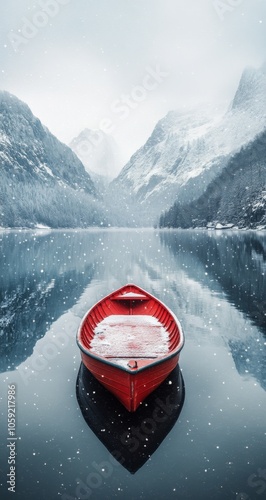 A solitary red boat anchored in calm waters surrounded by misty snow-covered ...