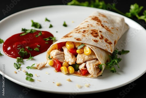 Chicken corn and bell pepper quesadilla on a white plate