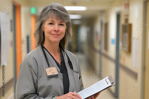 Portrait photo of a nurse with a clipboard, standing in the OPD hallway with a professional expression photo