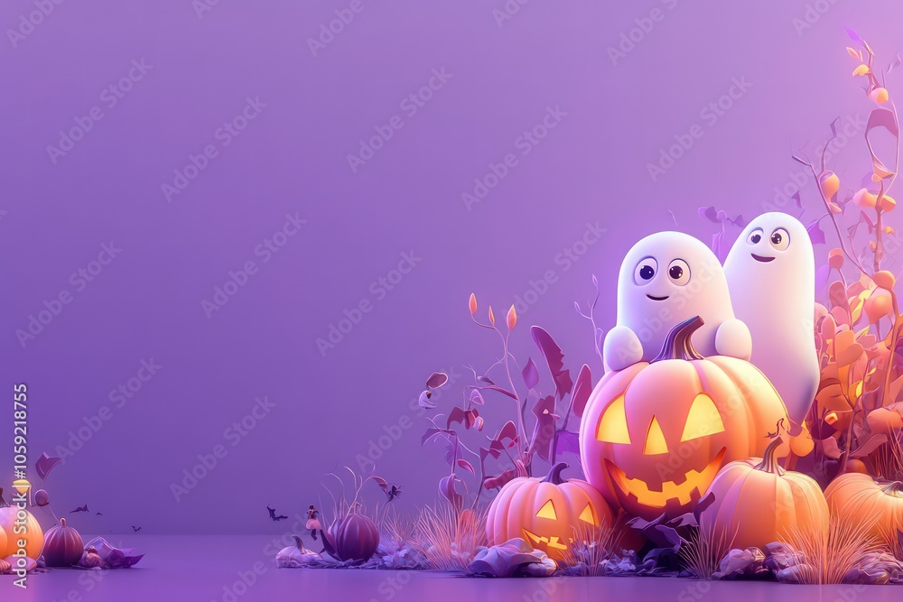 3D cartoon illustration of a spooky Halloween-themed wallpaper with pumpkins, and ghosts, set against a purple background 3D cartoon illustration of a spooky Halloween-themed wallpaper with pumpkins, and ghosts, set against a purple background