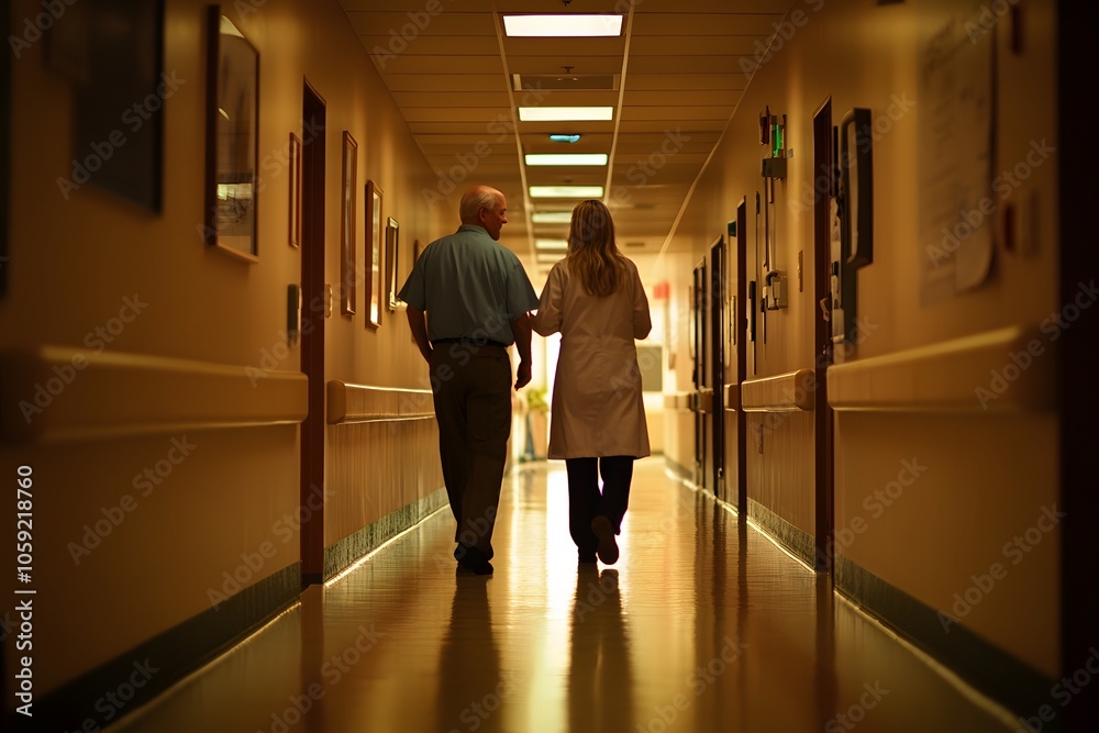 Obraz premium Lifestyle photo of a doctor and nurse walking through a hospital corridor, engaged in conversation, warm lighting in the background