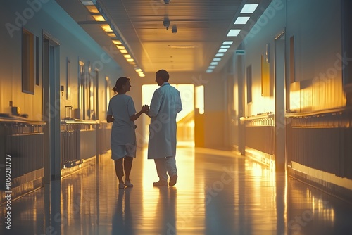 Lifestyle photo of a doctor and nurse walking through a hospital corridor, engaged in conversation, warm lighting in the background