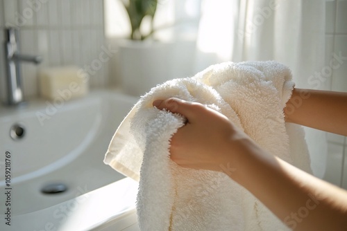 Hands of a person drying with a fluffy towel, white bathroom, natural daylight, close-up, side angle 3 photo